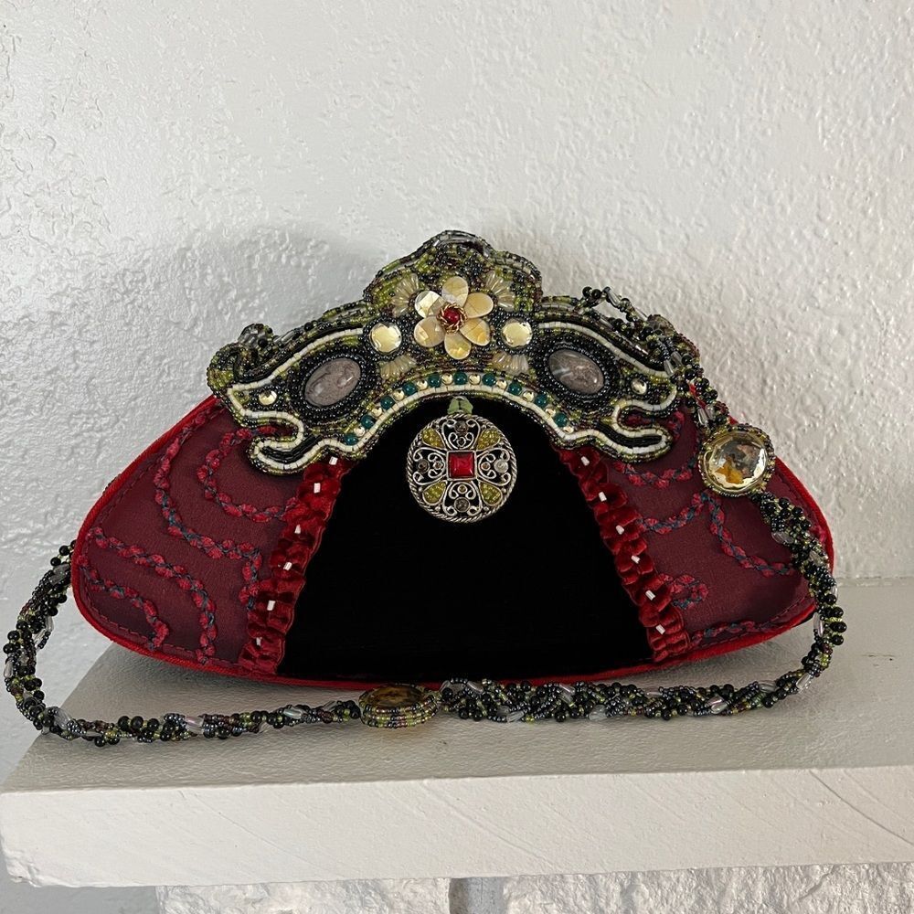 Vintage retro Mary Frances burgundy velvet embellished goth evening Y2K bag - Picture 4 of 11